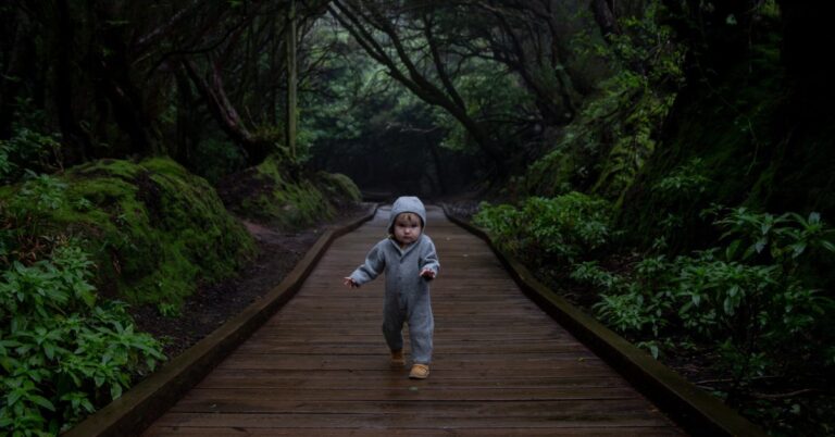 A toddler in a grey hoody runs towards the camera along a wooden walkway, through a forest