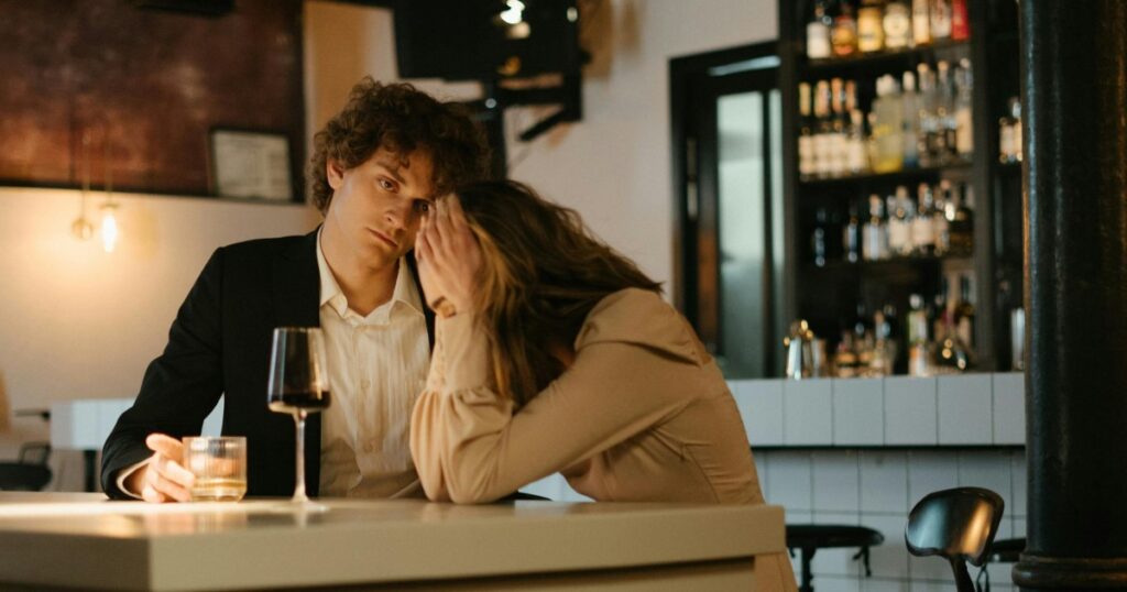 A man and a woman sitting at a kitchen table appearing glum, and surrounded by alcohol (there is a wall of bottles behind them, and there is a wine glass in front of the woman, and a tumbler in the man's hand). The man is wearing a suit with no tie and undone shirt button and is looking sadly past the women who is wearing a beige blouse and has her head in her hands